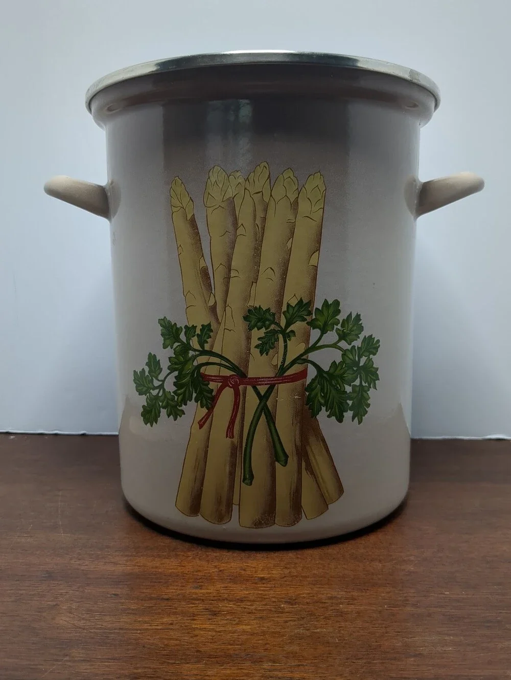 Vintage Asparagus Metal Pot  Brown & White  Decor 12” High No Insert / Lid